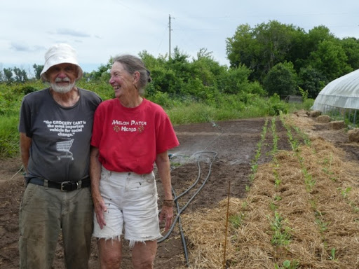 A laughing couple stands in front of several rows of planted seedlings