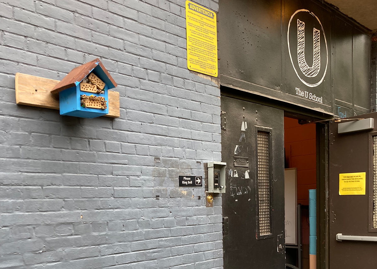 Bee hotel next to the entrance of the U School