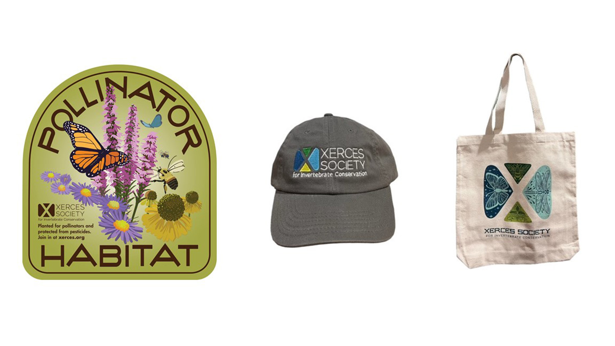 The three types of prizes: Xerces' Pollinator Habitat yard sign, a grey baseball cap with the Xerces logo, and beige canvas tote with the Xerces logo