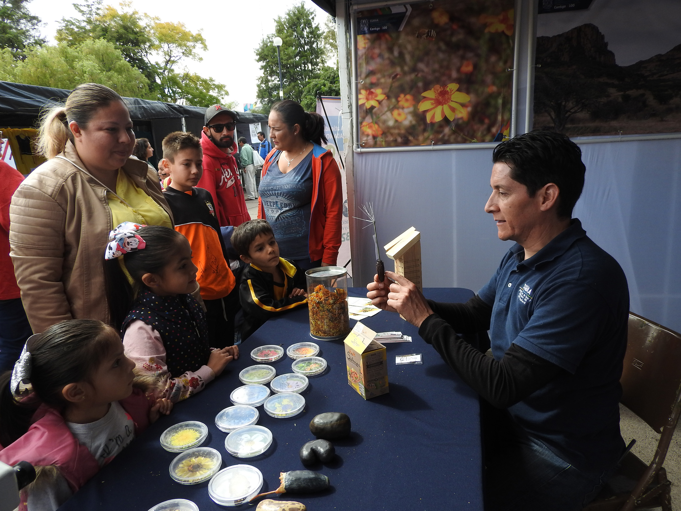 Children cluster around a tabletop display as the author talks with families about pollinators and conservation.