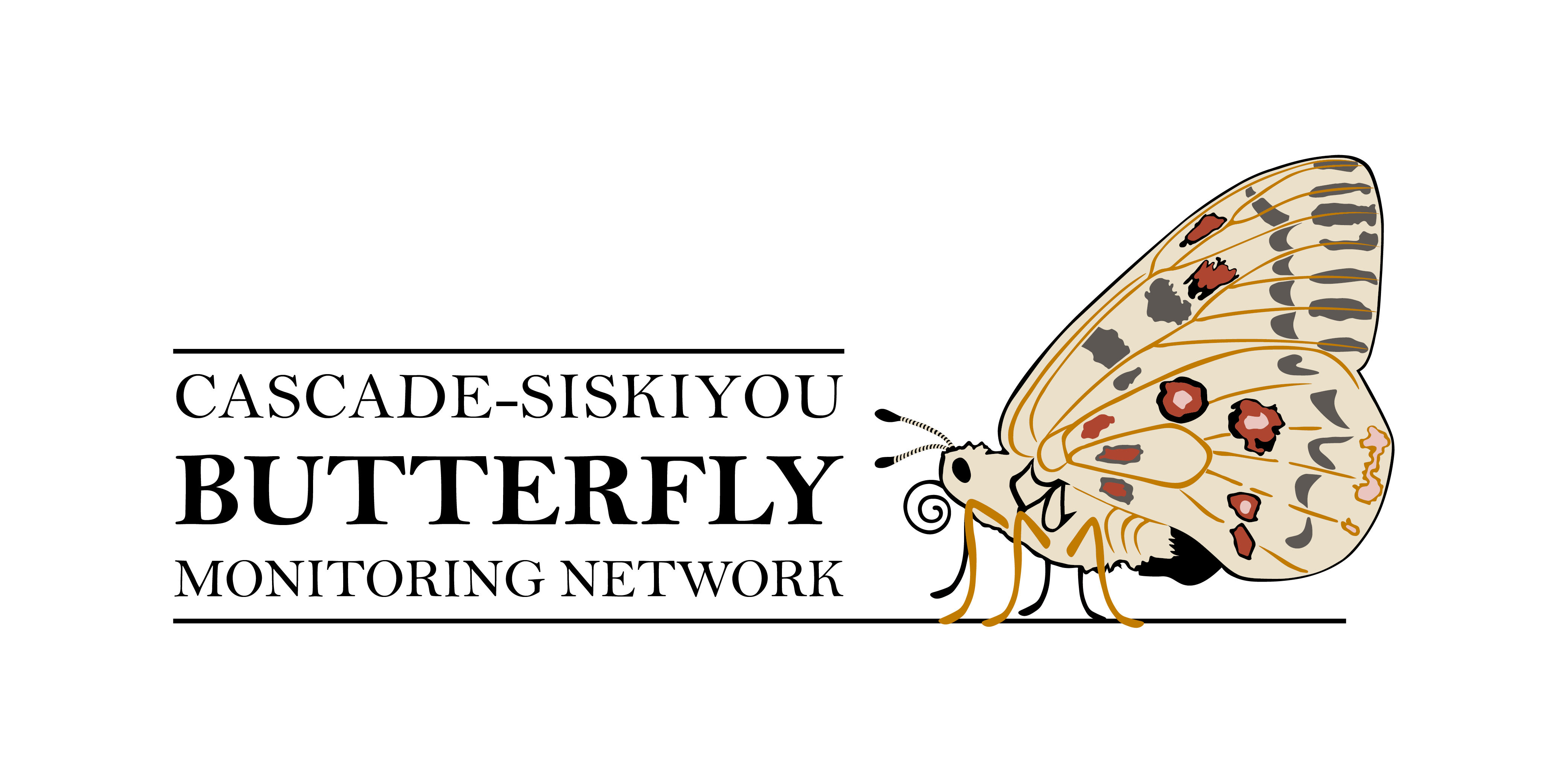 The logo of the Cascade-Siskiyou Butterfly Monitoring Network is shown, with the name of the program and a stylized butterfly with red and dark spots on its wings.