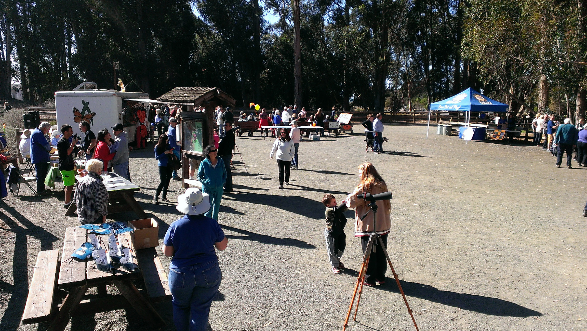 Scores of visitors gather around information booths and join in education activities to learn about monarch butterflies