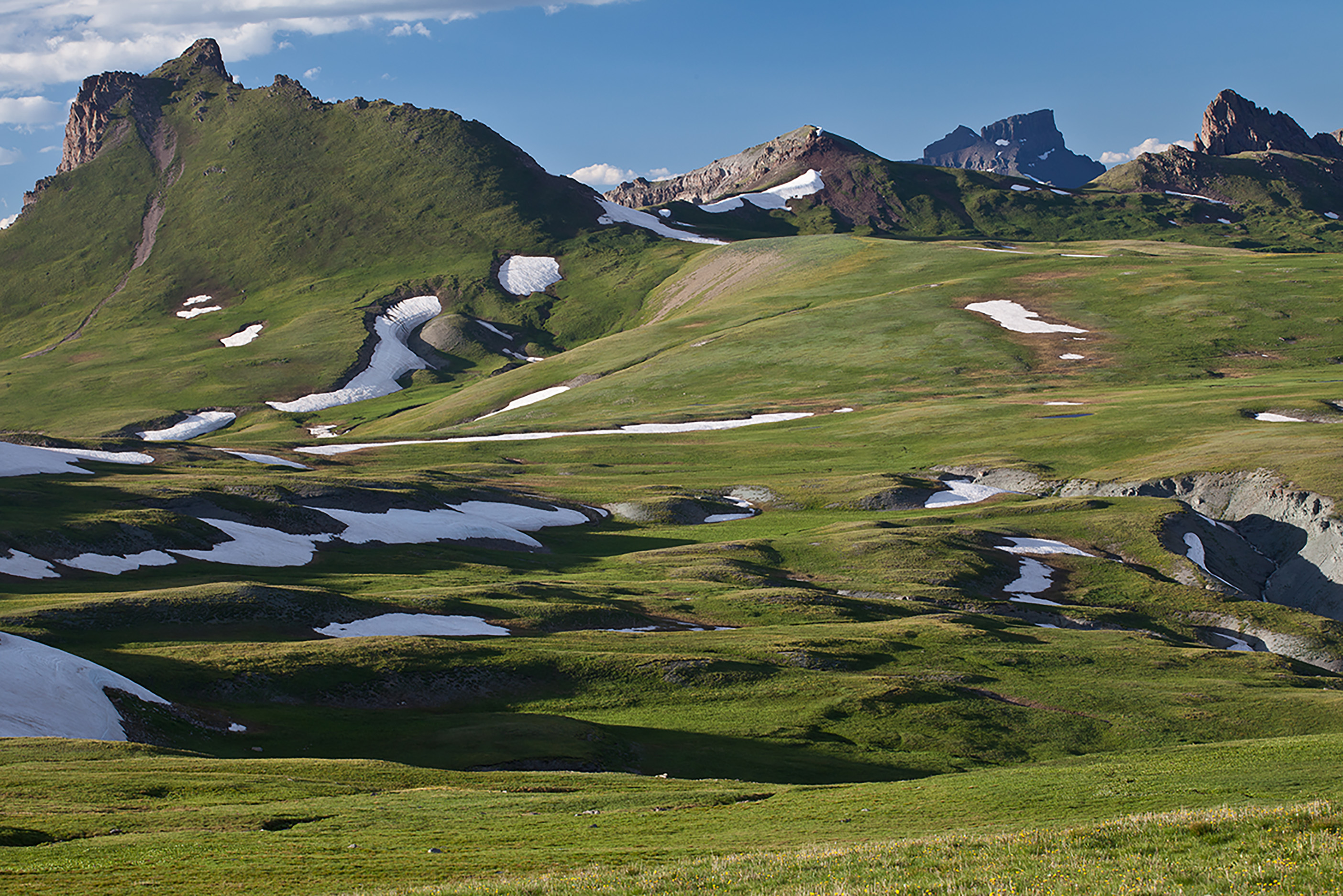 Patches of snow remain all year on the green grass slopes of the San Juan Mountains of Colorado