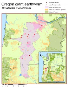 Map showing the known and suspected locations of the Oregon giant earthworm