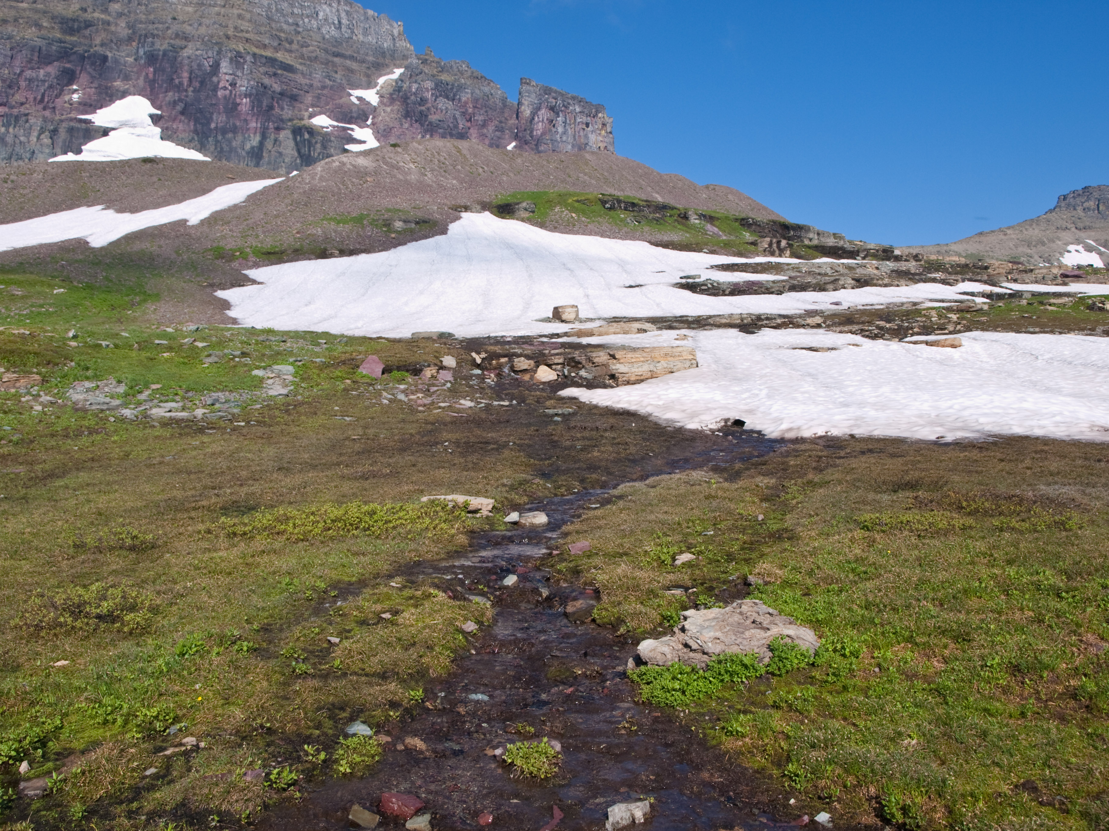A trickle of water from melting snow drains down a mountain.