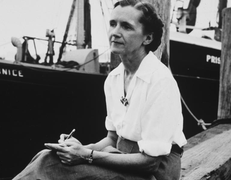 Rachel Carson looks pensive as she sits near a ship, with a book in her lap.