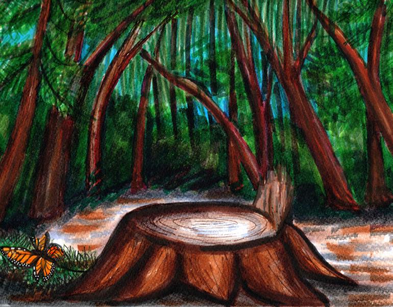 In this hand-drawn/hand-painted image, a grove of trees is shown, with a cut stump and a dead monarch with tattered wings in the foreground.