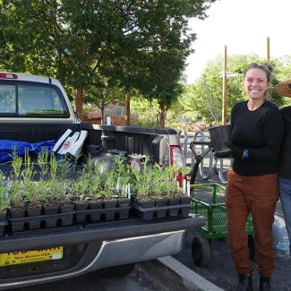 Folks standing next to a truck bed full of nursery plants